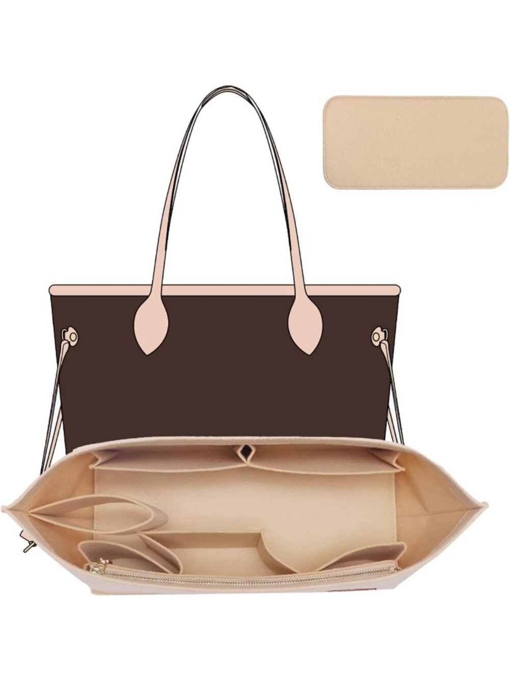 XL Felt Purse Organizer Insert for Tote Handbags - Zipper Liner & Base Shaper